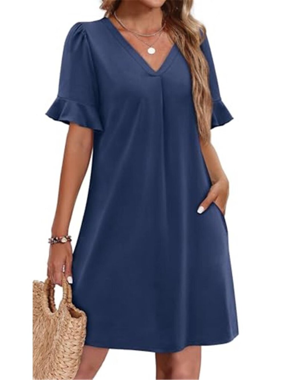 Womens V Neck Dress Ruffle Sleeve Summer Casual Pocket Shift Mini Dress Stretch